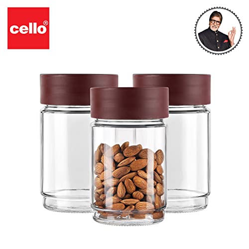 CELLO Modustack Glassy Storage Jar Set of 3 (750 ml x 3), Maroon | Glass Jar with Lid | Stackable | For Grains, Pulses, Spice, Cereals, Cookies, Dry Fruits | Fridge Storage Container
