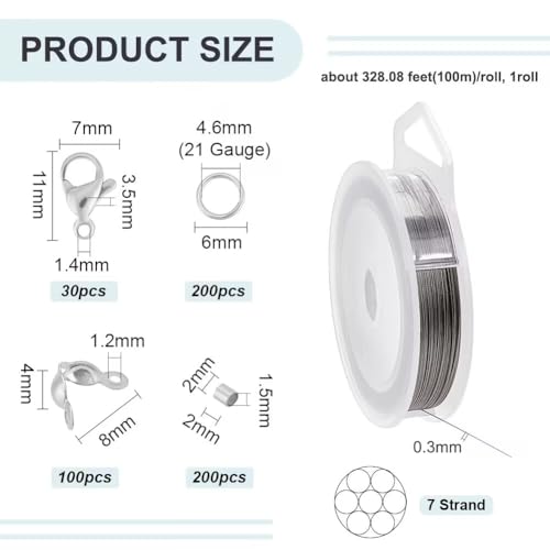 BENECREAT 100M 0.3mm Stainless Steel 7-Strand Beading Wire with 200Pcs Crimp Beads, 100Pcs Bead Tips - Image 2