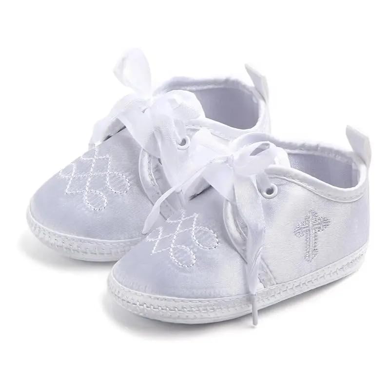 Be More by deals2thedoor - White Satin Cotton Baptism Baby Shoes -Baby Boys - Infant Cross Christening Crib Shoes - Newborn - 3 Months - 6 Months - 9 Months (0-3 Months)