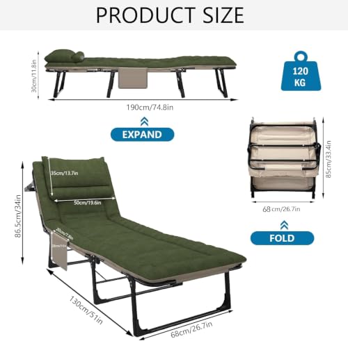 Image of DOLPHY Portable Folding Camping Cot Bed for Sleeping with Soft Cushion 6.2 Feet with Headrest 6-Position Adjustable Backrest & Side Pocket for Home,Office,Camping and Travel (Upto 120 KG)