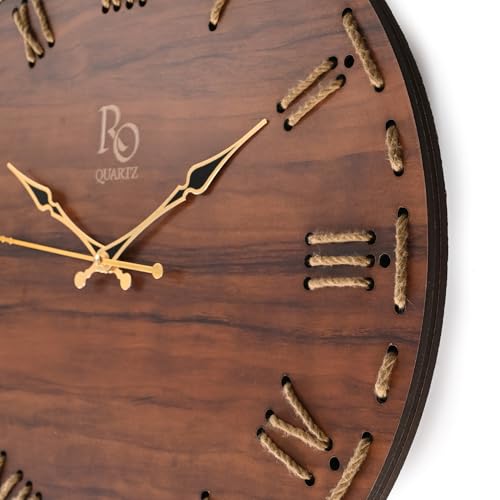 Image of Wooden Round Shape Roman Dial Wall Clock with Golden Hands & Golden Jute Rope Detailing | Silent Quartz Movement Anti Reflection Analog Vintage Clock for Home & Office (Brown, 15.5 Inch)