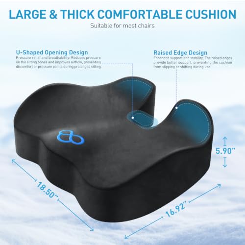 Image of BlissTrends Extra Thick Seat Cushion for Office Chair & Car Seat,Grey | Tailbone & Sciatica Relief, Ergonomic Support, High-Density Memory Foam, Comfort for Extended Sitting