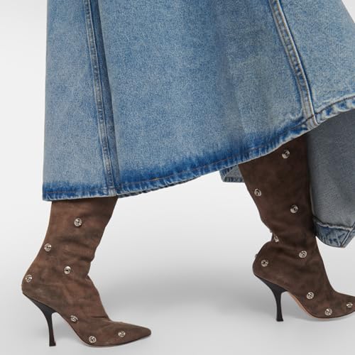 Yishaweiqi Women's Denim Slouch Ruched Knee High Boots Back Zip Stiletto Heel Boots Pointed Toe Studs Fashion Boots4