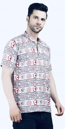 Image of THE MAKKI Trends - Om Printed Kurta for Men & Boys | Cotton Half Sleeve Mahadev Mahakal Kurta T-Shirt for Events, Festivals, and Religious Ceremonies (Regular)