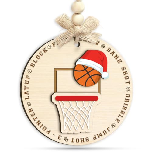 KILYHOME Basketball Xmas Ornament, 2 Layer Wood - Sports Ornament for Christmas Tree - Santa Basketball Gift for Boys, Girls, Players, Leaders, Coaches & Basketball Lovers, Holiday Decor
