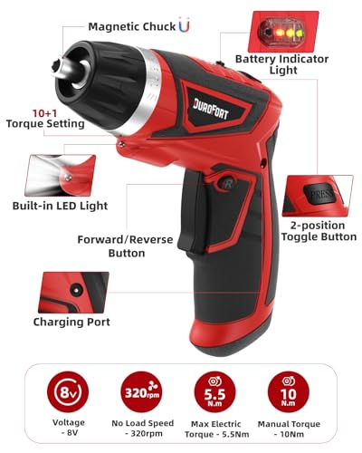 DuroFort Cordless Electric Screwdriver Set, 8V 10Nm Rechargeable Power Electric Drill, Battery Screw Gun with Driver Bit, 320RPM/10+1 Torque, 2 Position Handle, Flexible Shaft LED Light (Red, 89Pcs) thumbnail 5