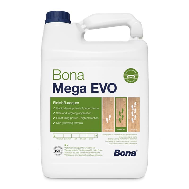 Bona Mega Evo Barniz de madera satinada, metal, plástico, cerámica, vidrio, resina, papel, cuero, 5 l