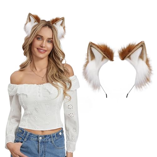 Herbst Katzenohren Haarreif Fuchs Ohren Wolfsohren, Handgefertigtes Cosplay Kostüm Kopfbedeckung, Fuchs Kostüm für Fasching Karneval Party Halloween Weihnachten Damen Männer Mädchen