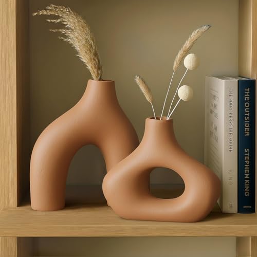 Image of PUREZENTO Abstract Brown Ceramic Donut Vase 5.4 & 7.7 Inch - Set of 2 | Decorative Unique Modern Vase for Dried Flowers & Pampas Grass | Vases for Modern Home Decor, Living Room, Office Decor Ideas