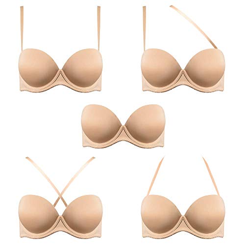 Vgplay Beige 40C Push Up Bra Strapless Underwire Thick Padded Multiway Add Two Cups Brassiere for Women Low Cut Dress