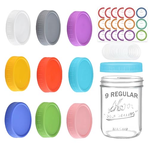 9 Pack Regular Mouth Mason Jar Lids - 70mm Colored Plastic Mason Lids with Silicone Rings and Removable Labels for Ball, Kerr and More, Thickened & Leak-proof, Dishwasher Safe, Reusable Canning Lids