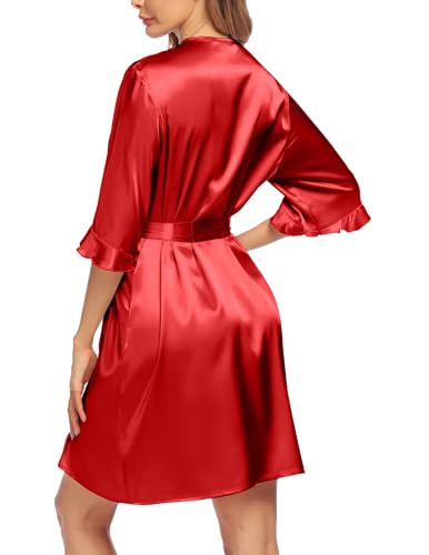 Image of Ekouaer Women's Satin Robe Valentines Lingerie for Women Kimono Bathrobe Short Ruffle Belted Robes Bridesmaids Sleepwear