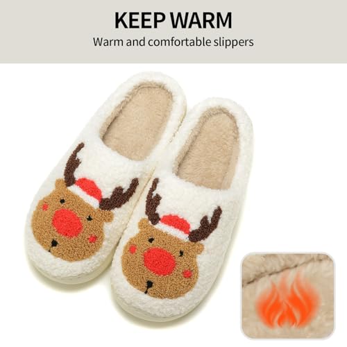 Women Christmas Reindeer Holiday Slippers：Moose Cute Cartoon Elk Fuzzy Warm House Men Xmas Winter Soft Cozy Slippers3