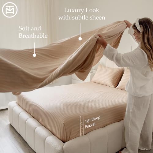Image of Threadmill 600TC Cotton Cal King Sheet Set, Sateen, Damask Stripe, Beige
