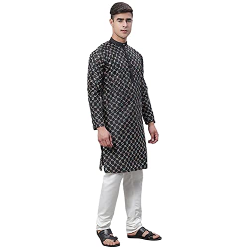 Image of SOJANYA (Since 1958 Men's Silk Blend NavyBlue Kurta with Multi Color Embroidery and Off-White Pyjama