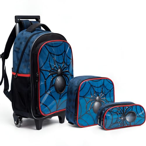 Spider Mochila de Rodinhas Escolar Infantil com Estojo e Lancheira, Tema Aranha, Azul