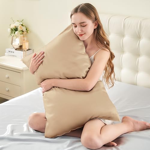 Image of INFIIXSO Silk Pillow Cases 2 Pack Standard Size, Ultra Smooth & Soft Mulberry Silk Pillow Case for Hair and Skin, Breathable Cooling Silk Pillowcase with Hidden Zipper (Champagne, 20x26 Inches)