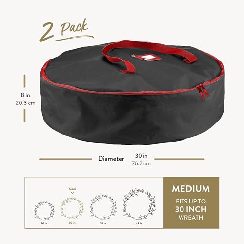Image of ZOBER 2 Pack Oxford Christmas Wreath Storage Container 30 Inch - Wreath Bag for Artificial Wreaths Box - Waterproof Fabric, Dual Zippered Wreaths Storage Bag With Strong Durable Handles - Black
