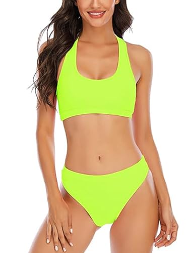 YELAIVP Women's Solid Racerback Athletic Bikinis Sporty Two Pieces Swimsuit Junior Teen Girls Sports Bathing Suits Fluorescent Yellow