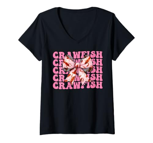 Mujer Coquette Bow Crawfish Crayfish Girl Mom Día de la Madre Rosa Camiseta Cuello V