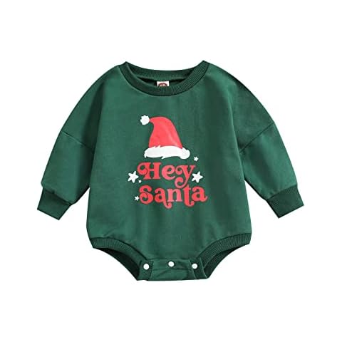 ESSECMBS Newborn Baby Boy Girl 0-2Y Christmas Romper Long Sleeve Crew Neck Letters Print Bodysuit for Casual Daily (Green, 6-12 Months) Cover
