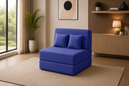 Image of Sofa Cum Bed with Jute Fabric, Convertible One Seater Sofa Bed 3x6 Ft, Comfortable Cushioned Seating, Space Saving Design for Living Room, Bedroom & Guest Room - Blue Color