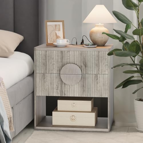 Support de chevet en lot de 2 tables de nuit cannelées avec station de charge