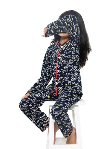 Image of Girls Premium Cotton Full Sleeves Printed Nightsuit Set | Collar Style Night Dress for Girls | Soft & Breathable Pajama Set | Trendy Kids Sleepwear & Nightwear