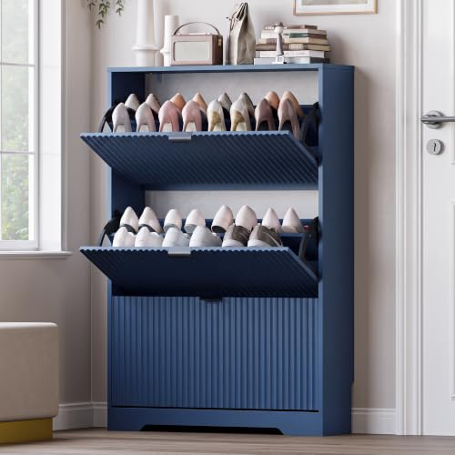 Image of BORNOON Entryway Shoe Cabinet with 3 Flip Drawers, Narrow Shoe Organizer Cabinet with Fluted Panel and Adjustable Shelves for Foyer, Hallway