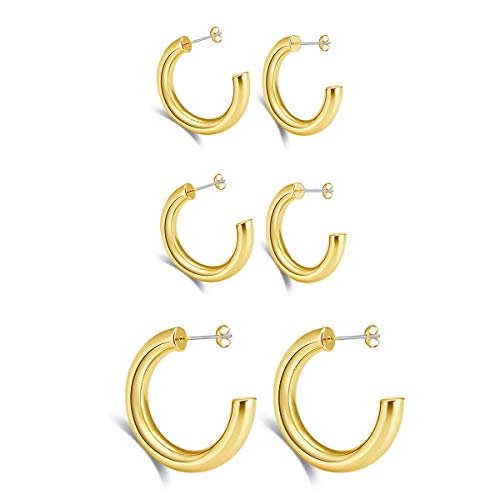 3 pairs Gold Chunky Open Hoops for Women and Girls Lightweight Small Thick Gold Hoop Earrings Set