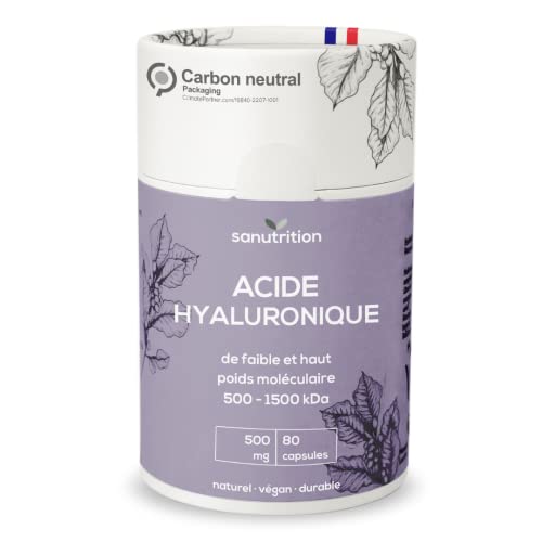 Acide hyaluronique 500 mg par gélule | 80 gélules | Hautement dosé 500 - 1500 kDa | Forme de faible poids moléculaire et de poids moléculaire élevé | Végétalien | Emballage papier 100 % écologique Cover