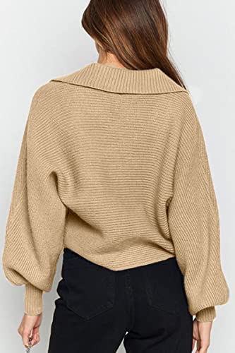 Chyrii Women Casual Overized Puff Long Sleeve V Neck Knitted Polo Pullover Sweater Jumper Tops Apricot M #TOP4