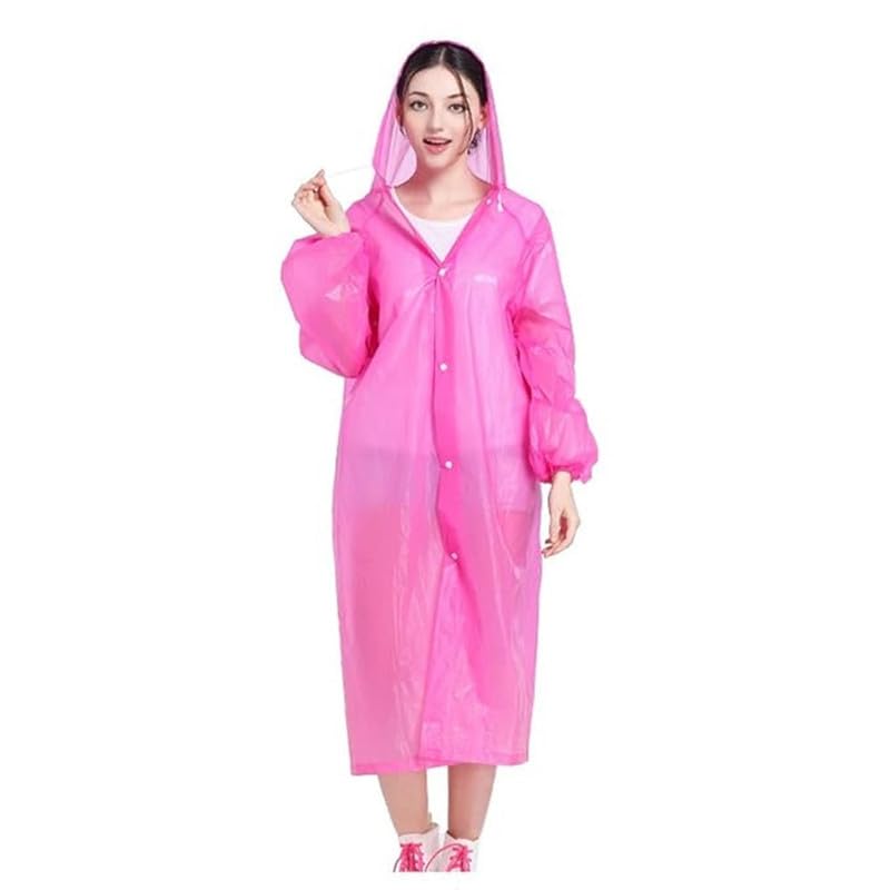 Image of Women EVA Plain Transparent Rain Coat Hooded Outdoor Water Resistant Portable Raincoat Suit (Pink)