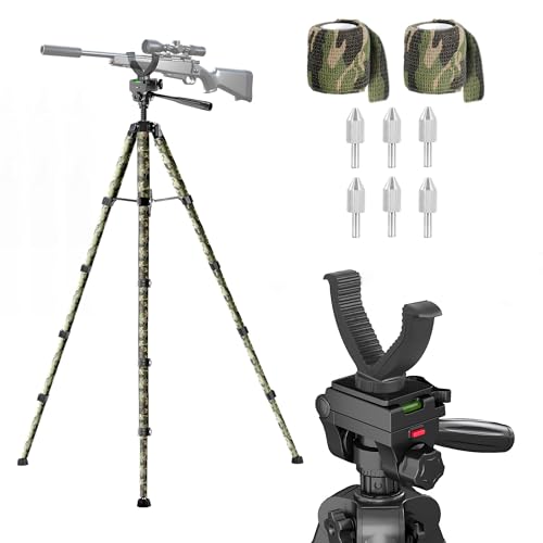 74” Rifle Shooting Tripod, Hunting Rest V Yoke Rifle Rest with 6 Ground Spikes, 2 Camo Strap, Aluminum Crossbow Shooting Stand with Durable Frame for Hunting, Shooting, and Outdoors
