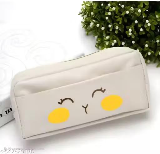 Image of Kawaii Blushing Face Pencil Pouch | Cute Blue Zipper Case for Girls & Kids (Golden)