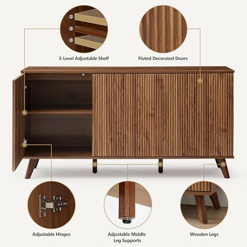 Modern Fluted Sideboard and Buffet Cabinet with 3 Doors for Kitchen, Dining, and Living Spaces (Walnut & Green)