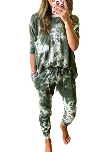 ROSKIKI Womens Pajamas Set Long Sleeve Sleepwear 2 Piece Tie-dye Print Pullover Shirts with Pants Loungewear Set Green Medium