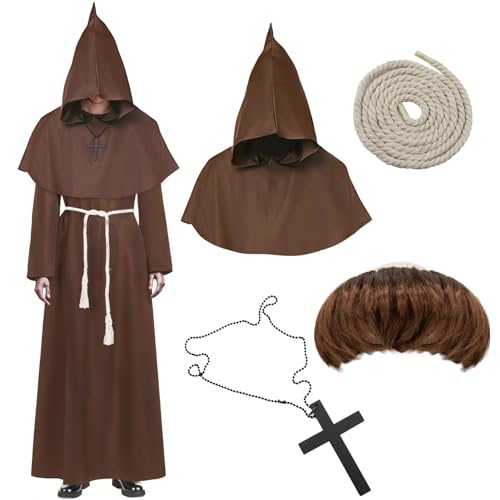 Yeria Costume de moine médiéval pour homme - Avec capuche - Perruque de moine - Chapeau marron foncé - Ceinture - Corde de chanvre - Chaîne croisée - Halloween, carnaval, taille XL (175-185 cm