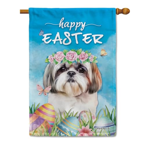 Happy Easter Shih Tzu House Flag Watercolor Dog with Easter Eggs Butterfly Flowers Spring Summer Welcome Flag for Outside Yard 28X40 Inch Double Side