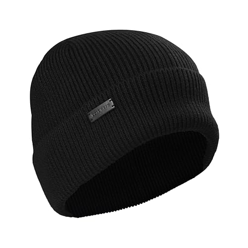 Cole Haan Heritage Rib Cuff Black Beanie Hat for Men, One Size, Warm Knit Wool Beanie with Classic Ribbed Design and Snug Fit