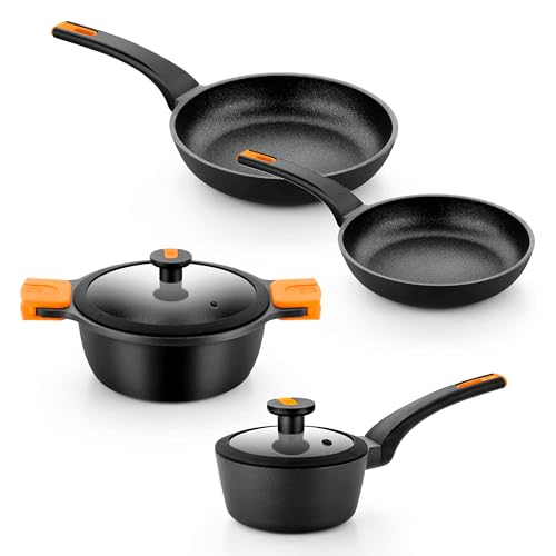 Image of BRA COOKWARE Efficient Pro 6 Piece Cookware Set | Cast Aluminum Kitchenware Set | 1 Pots, 2 Frying Pans, 1 Saucepan, 2 Lids | Non-Stick | All Stovetops Compatible | PFOA Free
