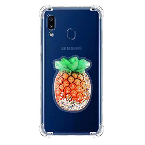 Jorisa Case for Samsung Galaxy A20/A30,Crystal Clear Skin with 3D Liquid Bling Sequin Pattern and Long lanyard,Shock Absorption Air Cushion Rubber Silicone Protection Case,Pineapple