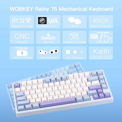 Image of KEEBMONKEY WOBKEY Rainy 75 CNC Aluminum HMX /JWK /Cocoa Switches Triple-Mode Connectivity Mechanical Keyboard with Superior Acoustics, RGB /FR4 /Silver SUS304 /7000mAh /Cocoa Switch (Pro - Blue)