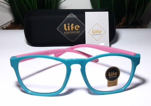 Armação Oculos Grau Infantil Flexível Silicone Azul Claro com Rosa Claro