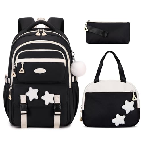 Amythe Ensemble Sac à Dos Fille École, Cartable pour Fille Primaire et Collège 9-14 Ans avec Trousse et Sac Repas, Sac scolaire Léger Résistant Imperméable, Noir
