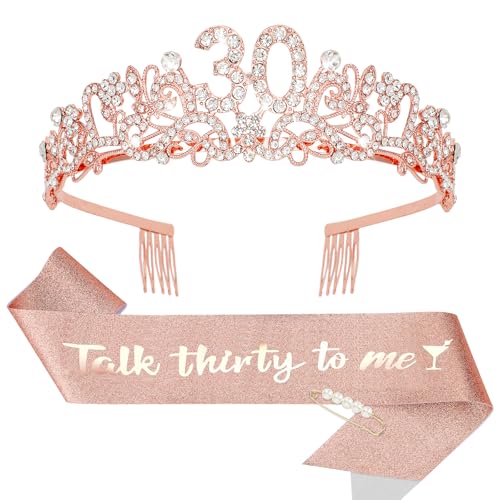KIUEZIR Rose Gold Birthday Tiara and Sash Set - Elegant Floral Rhinestone & Alloy 30th Crown Headband with Comb & Soft Glitter Fabric Sash, Women's Party Hair Accessories for 30th Birthday