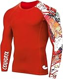 Mens Rash Guard Men's Long Sleeve UPF 50+ Sun Protection, Compression Shirt Long Sleeve Swim Shirts Workout Gym T-Shirt (US, Alpha, Large, Regular, Regular, Red Tropical Plants)