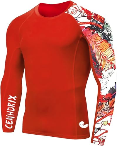 Mens Rash Guard Men's Long Sleeve UPF 50+ Sun Protection, Compression Shirt Long Sleeve Swim Shirts Workout Gym T-Shirt (US, Alpha, Large, Regular, Regular, Red Tropical Plants)