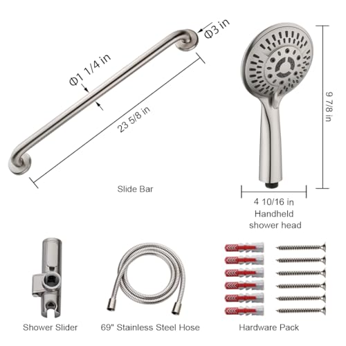 BRIGHT SHOWERS Stainless Steel Slide Bar Grab Rail Set Ada compliant Includes Handheld Shower Head and 69-Inch Hose (Brushed Nickel)