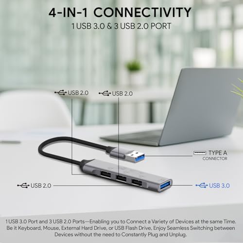 Amkette 4 Port USB Hub for Laptop/PC with USB 3.0 Port for 5 Gbps Superspeed Data Transmission,1*USB 3.0 Ports, 3*USB 2.0 Port,Sleek Metal Design,Universally Compatible with All USB,PC,Laptop (Grey)